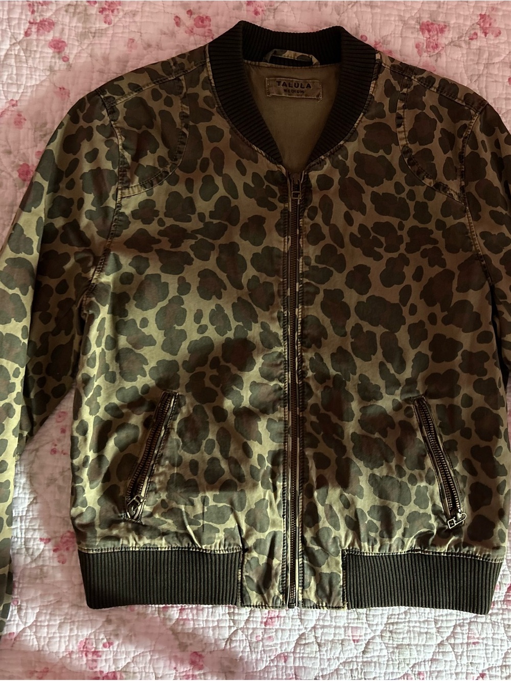 Aritzia Talula Olive Green Camo 100% Cotton Bomber Jacket